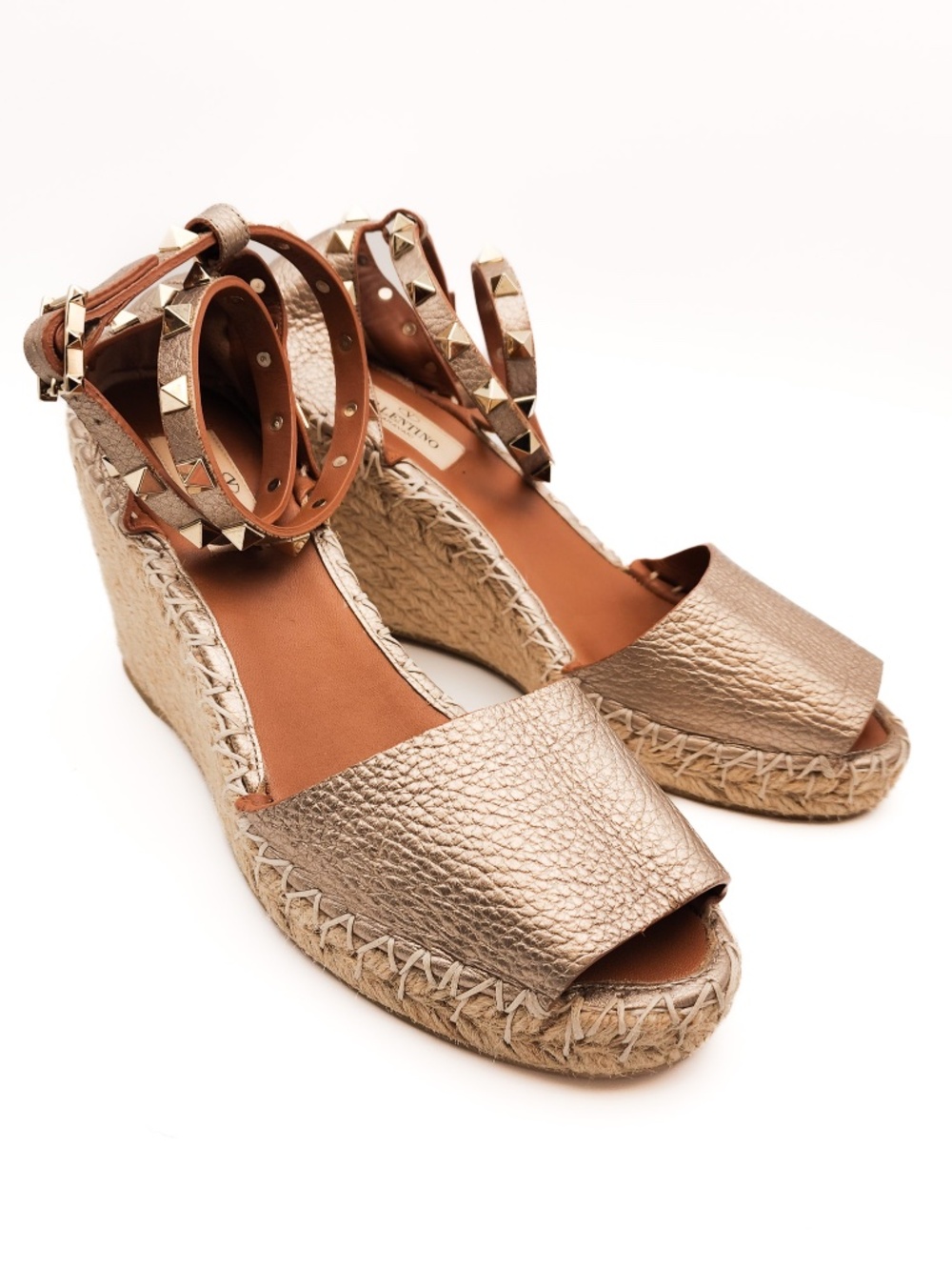 Valentino Garavani Rockstud Leather Espadrille Wedge Ankle Strap Sandals EU 37